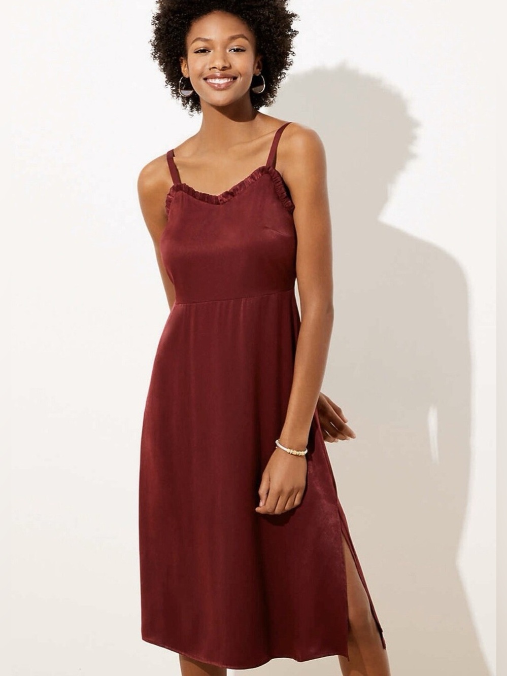 Ann Taylor Loft Strappy Satin Midi in Pome Fruit Burgundy Red NWT | size 8p